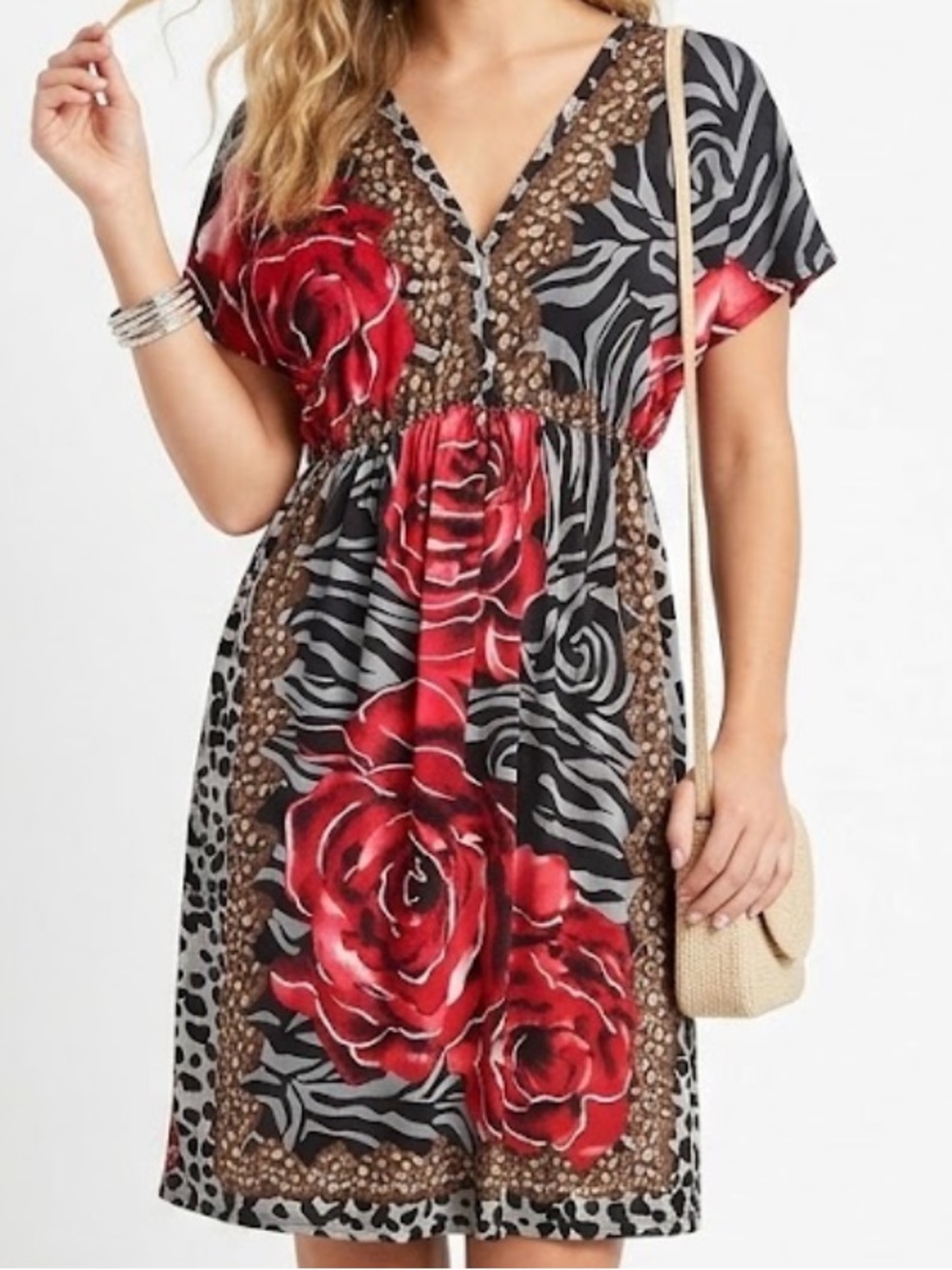 Floral & Animal Women’s Y2K Print V-Neck Short Sleeve Dress Size Small